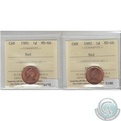 1-cent 1981 & 1982 ICCS Certified MS-66 Red. 2pcs.