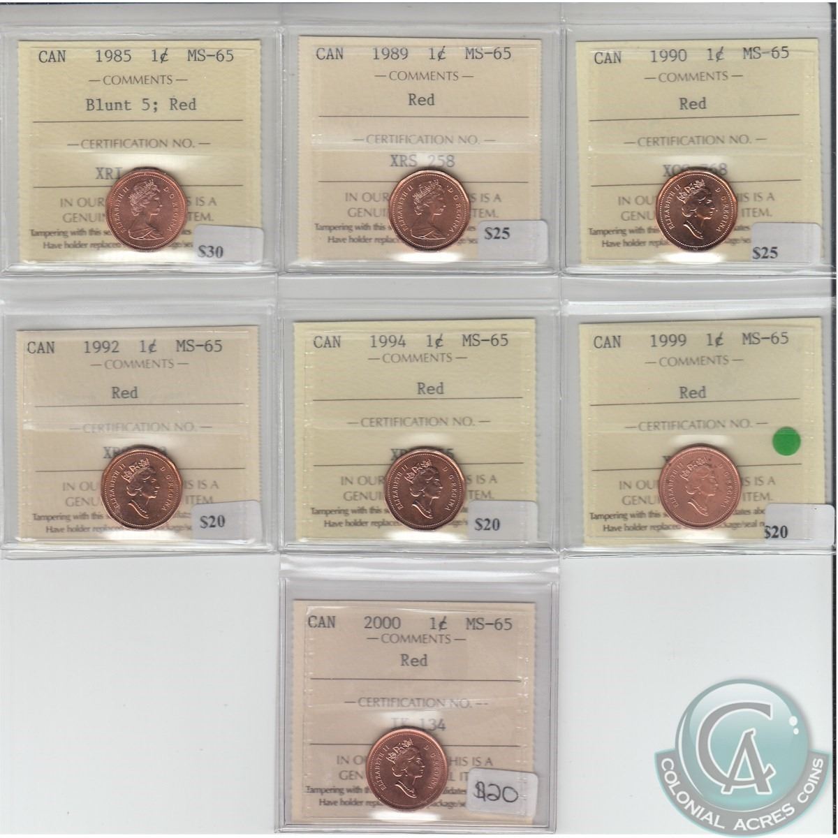 1-cent 1985 Blunt 5, 1989, 1990, 1992, 1994, 1999 & 2000 ICCS Certified ...