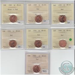 1-cent 1985 Blunt 5, 1989, 1990, 1992, 1994, 1999 & 2000 ICCS Certified MS-65 Red. 7pcs.