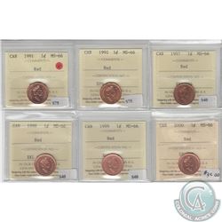 1-cent 1991, 1992, 1997, 1998, 1999 & 2000 ICCS Certified MS-66 Red. 6pcs.