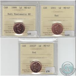 1-cent 1999 Numismatic BU, 2001 & 2002P ICCS Certified MS-67 Red. 3pcs.