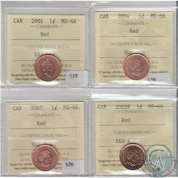 1-cent 2001, 2004, 2005 & 2005P ICCS Certified MS-66 Red. 4pcs.