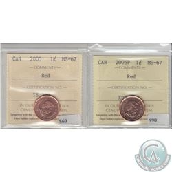 1-cent 2005 & 2005P ICCS Certified MS-67 Red. 2pcs.