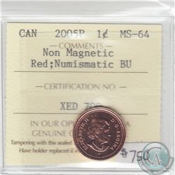 Scarce! 1-cent 2005P Non-Magnetic ICCS Certified MS-64 Red Numismatic BU