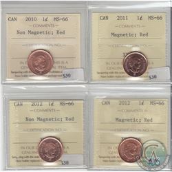 1-cent 2010 Non-Magnetic, 2011 Magnetic, 2012 Non-Magnetic & 2012 Magnetic ICCS Certified MS-66 Red.