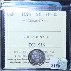 5-cent 1894 ICCS Certified VF-30