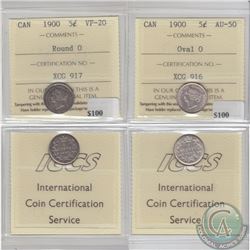 5-cent 1900 Oval '0' ICCS AU-50 & 1900 Round '0' ICCS VF-20. 2pcs.