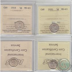 5-cent 1918 & 1920 ICCS Certified MS-63. 2pcs