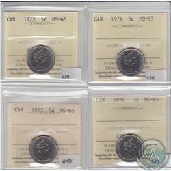 5-cent 1973, 1974, 1975 & 1976 ICCS Certified MS-65. 4pcs.