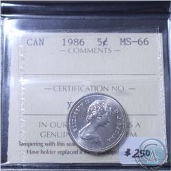 5-cent 1986 ICCS Certified MS-66! A Rare coin in this grade with only 6 coins ever graded MS-66 and 