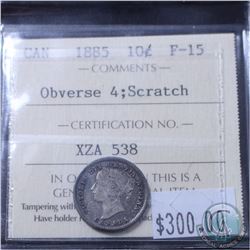 10-cent 1885 Obverse 4 ICCS Certified F-15; scratched