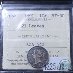 10-cent 1891 21 Leaves ICCS Certified VF-30