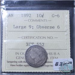 10-cent 1892 Large 9 Obverse 6 ICCS Certified G-6