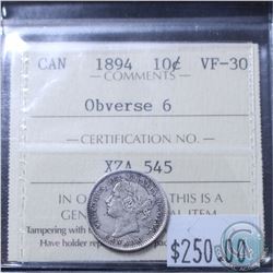 10-cent 1894 Obverse 6 ICCS Certified VF-30
