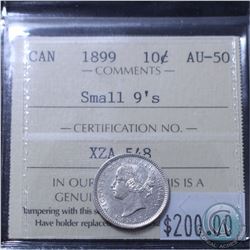 10-cent 1899 Small 9's ICCS Certified AU-50