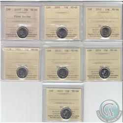10-cent 2005P, 2008 ,2010,2011,2012,2014 & 2015  All ICCS Certified MS-66. 7pcs