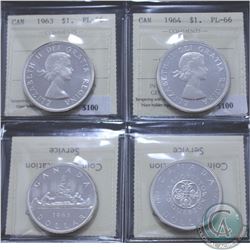 Silver $1 1963 & 1964 ICCS Certified PL-66 Cameo. 2pcs.