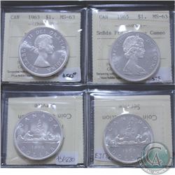 Silver $1 1963 & 1965 Small Beads Pointed 5 ICCS Certified MS-63 Heavy Cameo. 2pcs.