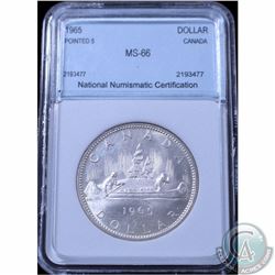 Silver $1 1965 Large Beads Pointed 5 National Numismatic Certification MS-66.  We recommend that you