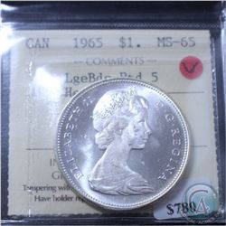 Silver $1 1965 Large Beads Pointed 5 ICCS Certified MS-65 Heavy Cameo