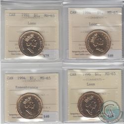 Loon $1 1991, 1994, 1994 Remembrance & 1996 ICCS Certified MS-65. 4pcs.
