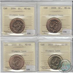 Loon $1 2004, 2008, 2010 & 2014 Olympic Loons ICCS Certified MS-66. 4pcs.
