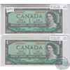 Image 1 : Pair of 1954 Bank of Canada Changeover $1 with consecutive serial numbers UNC. BC-37b-i, Beattie-Ras