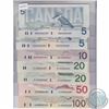 Image 1 : Matching Low Numbered set from the Bank of Canada Bird Series UNC+; 2 x $5, $10, 2 x $20, $50 & $100