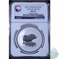 Perth Mint Issue: 2007 Australia $1 Year of the Pig 1oz .999 Fine Silver Coin NGC Certified MS-70 (T
