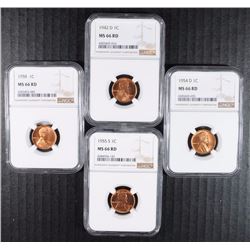 1942-D, 1954-D, 1955-S & 1958 LINCOLN CENTS, NGC MS-66 RED