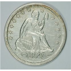 1854 SEATED LIBERTY QUARTER AU/BU CLEANED  BUT NICE