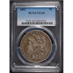 1893 MORGAN SILVER DOLLAR, PCGS VG-10  KEY DATE