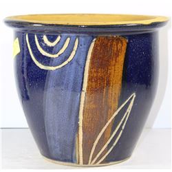 BLUE, BROWN AND CREAM 10" TALL CERAMIC FLOWER POT