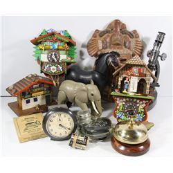 BOX OF ORNAMENTS INCL SMALL CUCKOO CLOCK,HORSE
