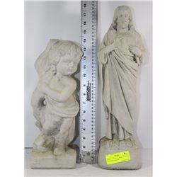 SET OF 2 CEMENT GARDEN STATUES JESUS AND CHERUB
