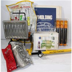 BOX WITH ASSORTED TOOLS INCL "THE CLUB" LIKE AUTO