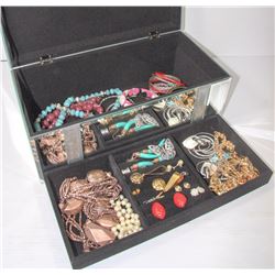 LARGE MIRRORRED JEWELRY BOX WITH CONTENTS