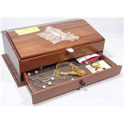 BROWN WOODEN JEWELLERY BOX W CONTENTS