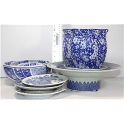 LARGE BOX WITH BLUE AND WHITE DISHES CAKE STAND