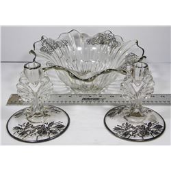 VINTAGE ETCHED BEVELED GLASS BOWL WITH CANDLE