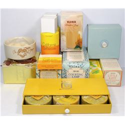 BOX OF VARIETY OF AVON POWDERS,SOAPS AND MORE