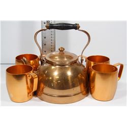 BOX WITH COPPER TEA POT AMD 4 COPPER MUGS MADE