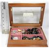 Image 1 : WOODEN GLASS TOP JEWELLERY BOX W CONTENTS