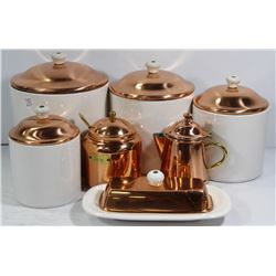 COPPER LIDS CANNISTER SET WITH BUTTER DISH,AND