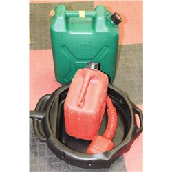 OIL PAN AND 2 GAS JUGS  INCLUDING GREEN 20LITRE