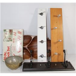 BOX WITH 3 ASSORTED HALL  COAT HANGERS,HOOKS