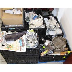 PALLET OF MISC DISHES, UTENCILS, & CASHIER TAPE