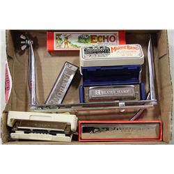 LOT OF 5 HARMONICAS WITH HOLDER