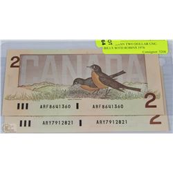 2 CANADIAN TWO DOLLAR UNC. BILLS WITH ROBINS 1976