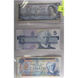 1  SHEET OF 3  CANADIAN 5 DOLLAR BANK NOTES